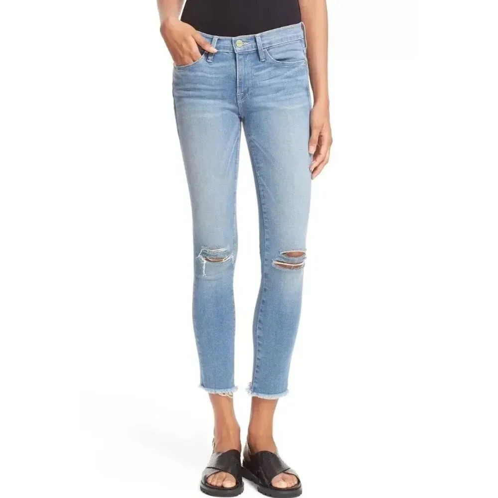 Frame Denim Distressed Knee Le Skinny De Jeanne Raw Edge Jeans